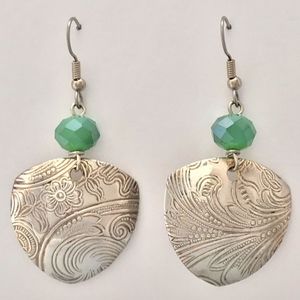 Shield Shaped Earrings with Moss Green Beads